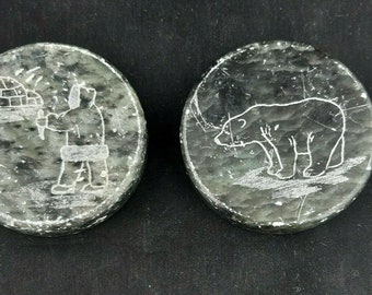 Pair of Soapstone Inuit Carved round Paperweights Igloo Polar Bear