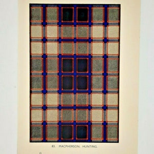 May include: A vintage print showing a tartan pattern with a grid design. The pattern incorporates grey, beige, red, and blue lines, with darker blue squares. The text "83. MACPHERSON, HUNTING" is displayed.