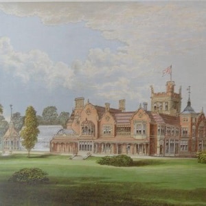 Stampa a colori c.1880 Caen Wood Towers Highgate Middlesex Inghilterra Brooke Family