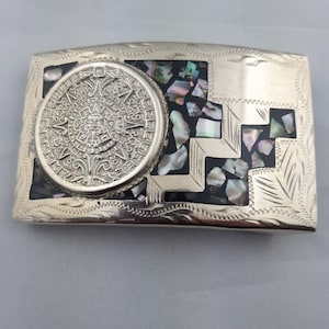 Alpaca Silver Belt Buckle Abalone Inlay Aztec Calendar Mexico South Western 52g