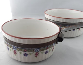 French Porcelain Aluminite Pans Saucepans Art Deco Floral Design Hanging Handles