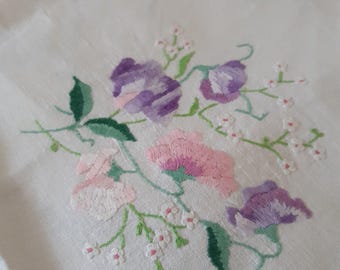 Vintage White Embroidered Tablecloth Pink Purple Flowers 42 in x 43in Retro Prop