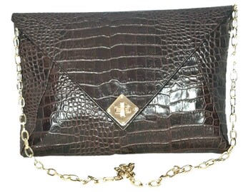 Brown Leather Croc Handbag The Code Spain Detachable Gold Chain Handle Shoulder Strap Messenger