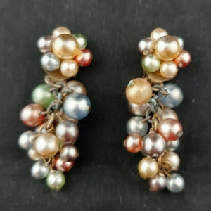Vintage Faux Pearl Cluster Earrings Multicoloured Pastel Clip on Made in Germany