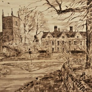 May include: A black and white ink drawing of a church and a manor house. The church has a tall steeple and the manor house has a gabled roof. There are trees in the foreground and a path leading to the buildings.