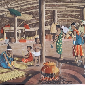 Inside a Zulu Home Lithograph Poster 1950s Vintage Colour Print