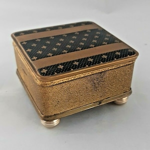 Gilt Metal Trinket Box Purple Velvet Lining Fleur de Lis 1950s Cruise Luggage