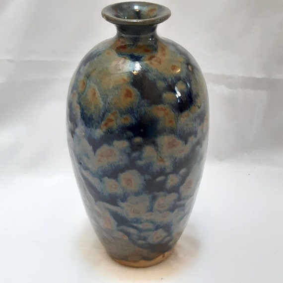 Studio Pottery Vase Pot Signed Blue Multicoloured Mottled