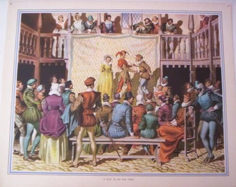 A Play in an Inn Yard Lithograph Poster 1950s Vintage Colour Print