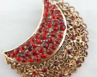 Vintage Gold Tone Crescent Moon Brooch Red Crystals Flowers 5 1/2 cm