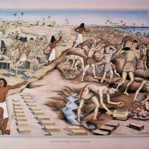 May include: A vintage illustration depicting a group of people working on a construction project. The scene is set in a desert landscape with a river running through it. The people are dressed in simple clothing and are using tools to move large blocks of stone. The illustration is titled "Egyptian Workmen of the Pyramid Age".