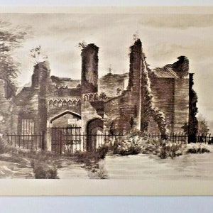 May include: A black and white drawing of a ruined building with a fence in front of it. The building is overgrown with vines and has a large archway in the center. The drawing is done in a realistic style and has a sense of history and decay.