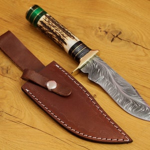 Damascus Steel Knife with Deer Antler Handle - Handmade | Gift for Hunter | for Outdoors With Leather Sheathe