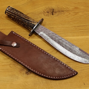 Damascus Steel Knife with Deer Antler Handle | Gift for Hunter | For Outdoors With Leather Sheathe