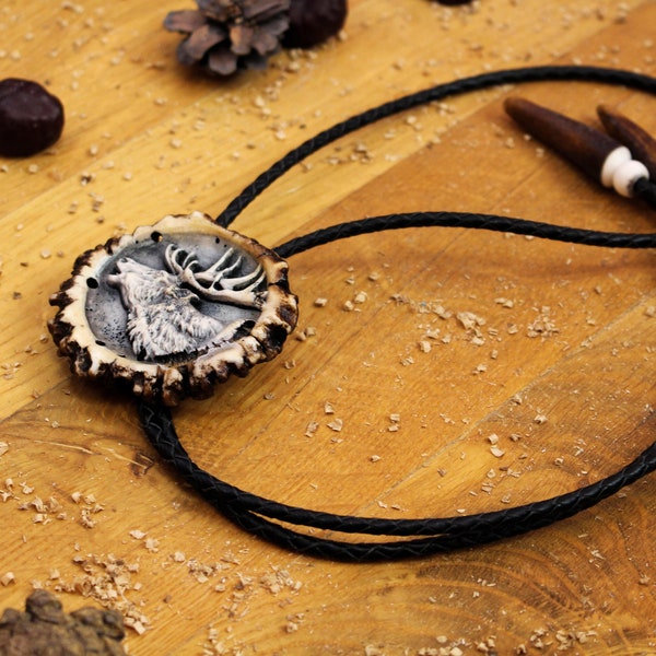 Handmade Elk Horn Bolo Tie with Real Deer Horns, Unique Western Style Necklace for Hunters and Nature Lovers, Birthday Gift for Him