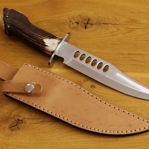 Stag Horn Knife - With Deer Antler Handle | Gift for Hunter | Knife for Outdoors With Leather Sheathe | Handmade