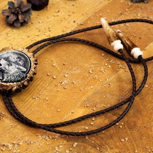 Elk Bolo Tie Him Hand Carved Braided Leather Necktie Real Deer Horn Hunter Father Day Gift Antler Brown Necklace Western Style
