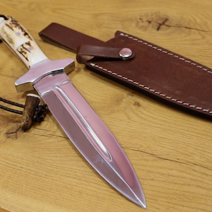 Knife With Deer Antler Handle - Handmade | Gift for Hunter | Outdoors With Leather Sheathe