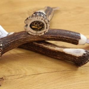Può includere: Due apribottiglie in corno di cervo con un apribottiglie in argento attaccato a ogni corno. Le punte delle corna sono lucidate e l'apribottiglie è in metallo.