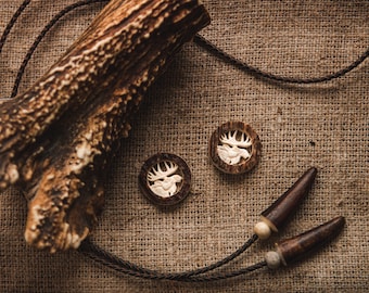 Handmade Deer Antler Buttons with Elk Portrait, Natural Horn Color (Pair)