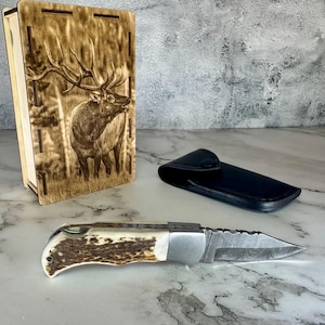 Damascus Steel Pocket Knife with Deer Antler Handle | Gift for Hunter | With engraved gift box | Deer design