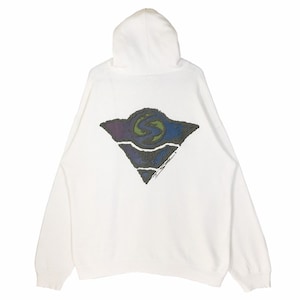 May include: White hooded sweatshirt with a graphic print of a blue, green, and purple logo on the back. The logo is a stylized letter "S" inside a triangle.