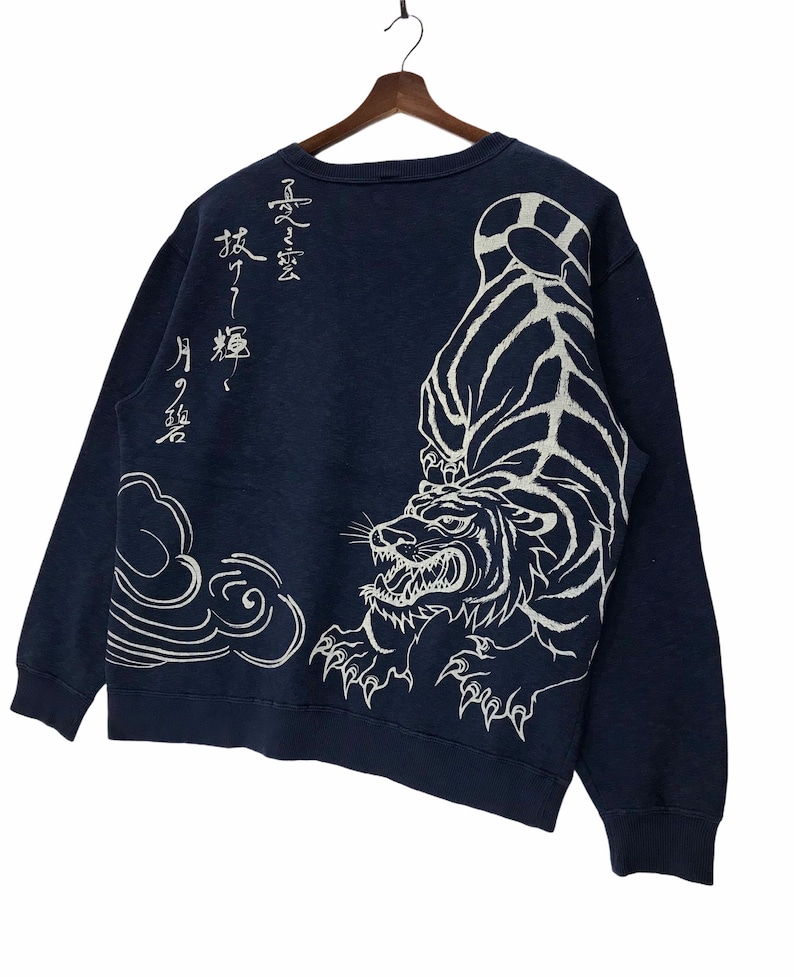 Vintage Japanese Hilter Gress Sukajan Crewneck Sweatshirt Printed Full Print Tiger Front Back Japanese Designer 2XLarge Size Vintage Shirt.