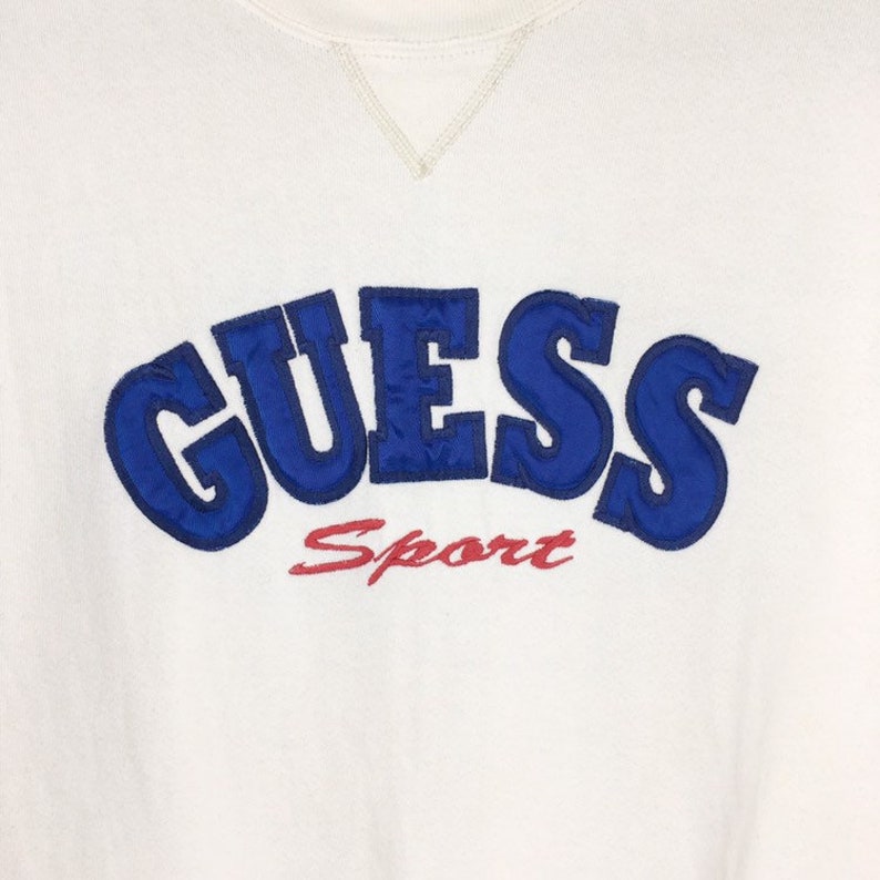 Vintage 90s Guess Sweatshirt Guess Big Logo Made In Usa Size Large White Colour Embroidery Big Logo Guess Sweatshirt