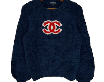 Chanel CC Marineblauer Teddypullover aus Wolle, Größe 40