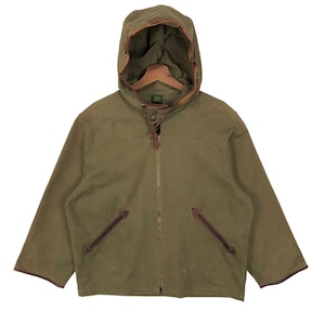 May include: A green hooded jacket with brown leather accents and a zipper closure. The jacket has two pockets with leather flaps and a drawstring hood.