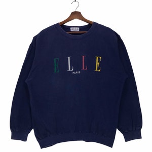 Vintage ELLE Paris Sweatshirt Crewneck Multicolored Embroidered Spellout Jumper Pullover Size Large Women