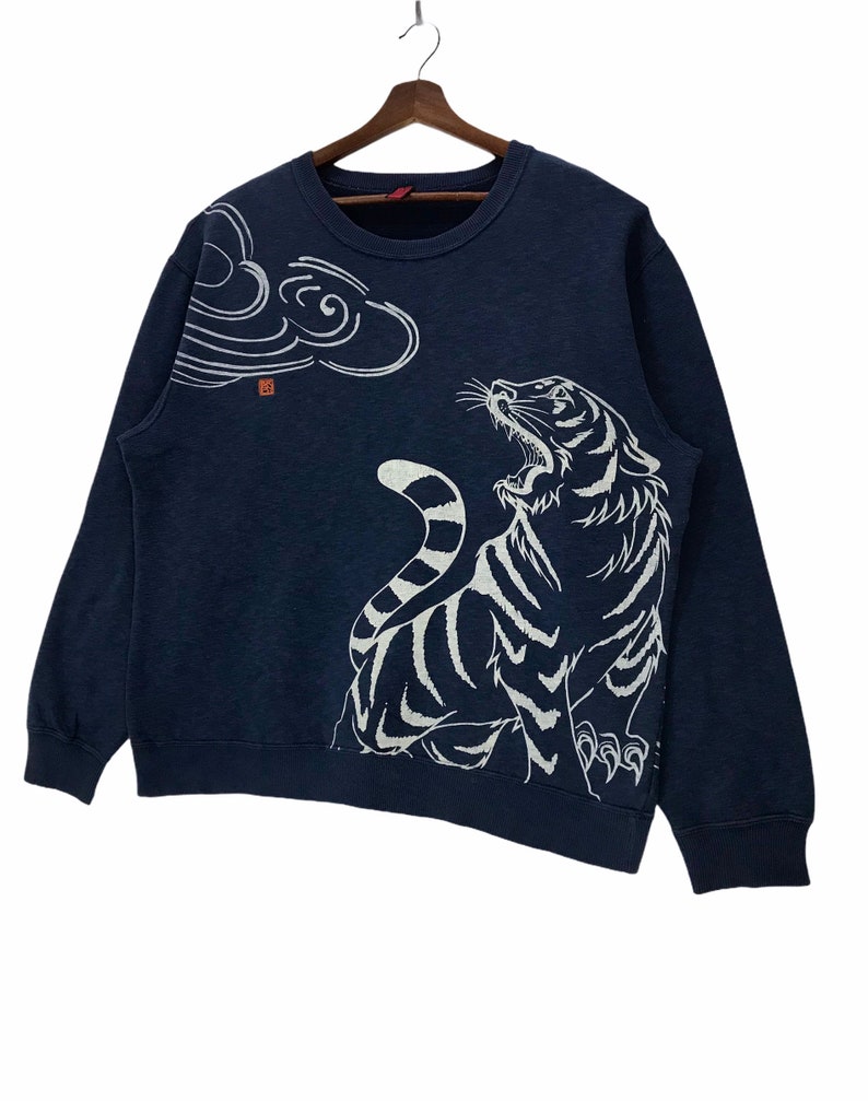 Vintage Japanese Hilter Gress Sukajan Crewneck Sweatshirt Printed Full Print Tiger Front Back Japanese Designer 2XLarge Size Vintage Shirt.