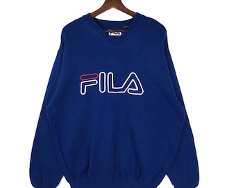 Vintage FILA V-Neck Sweatshirt  Embroidery Big Logo Spellout Fila Jumper Pullover Size L