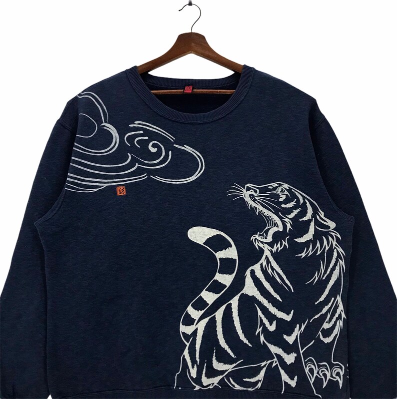 Vintage Japanese Hilter Gress Sukajan Crewneck Sweatshirt Printed Full Print Tiger Front Back Japanese Designer 2XLarge Size Vintage Shirt.