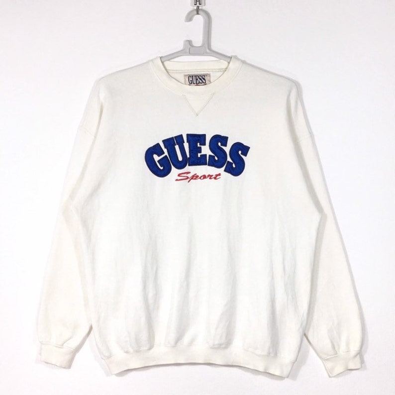 Vintage 90s Guess Sweatshirt Guess Big Logo Made In Usa Size Large White Colour Embroidery Big Logo Guess Sweatshirt