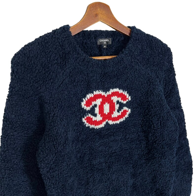 Chanel CC Navy Wool Teddy Sweater Size 40 image 4