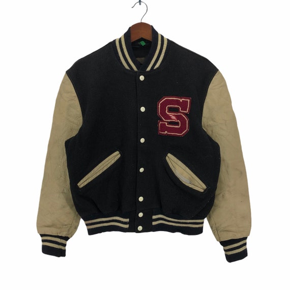 Vintage 90s Varsity Jacket S Wing Big Logo Spellout Varsity Leather Jacket Baseball Jacket Size Small Etsy
