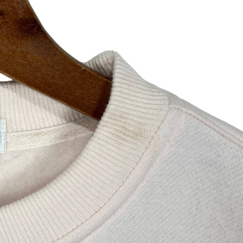 May include: Close-up of a pale pink sweatshirt with a crew neck. The sweatshirt is hanging on a wooden hanger. There are some stains on the collar of the sweatshirt.