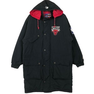 Vintage 90’s Chicago Bulls Long Coat Parka Jacket Starter Chicago Bulls Nylon Parka Long Coat Size Medium
