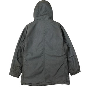 May include: A dark gray hooded jacket with a zipper closure and two pockets on the front. The jacket has a quilted lining and a drawstring hood.