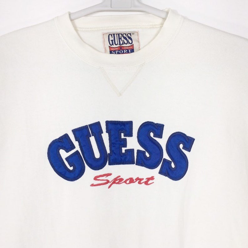 Vintage 90s Guess Sweatshirt Guess Big Logo Made In Usa Size Large White Colour Embroidery Big Logo Guess Sweatshirt