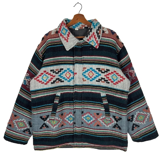 Vintage Native Aztec Tribal Tribe Wool Coat Jacket - image 1