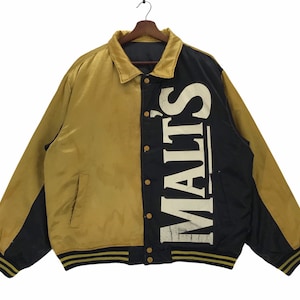 Giacca da baseball in raso Vintage Malts Beer con bottoni automatici, taglia grande, stile vintage Varsity, giacca Suntory Malts