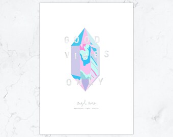 Good Vibes Only Poster | Colourful Good Energy Print | A3 Retro Risograph Print | Pastel Crystal Design | Positive Affirmation Art