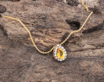 Sapphire Teardrop Necklace , Halo Gold Necklace ,Yellow Sapphire, 9K Yellow Gold, Dainty Diamond Necklace , Brilliant Details, Gold Chain