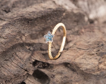 Twisted Band ,Gold Star Ring ,18K Yellow Gold , Thin Band , Blue Diamonds(0.05ct) , Tiny Star Ring , Stacking Ring