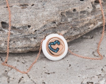 Enamel Heart Pendant, Tiny Heart Necklace, Dainty Gold Necklace , Gold Chain Necklace , Gold Disc Necklace , Zircon Details , Charm Pendant