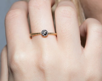 Twisted Band Ring ,Gold Dot Ring, 18K Yellow Gold, Black and White  Diamonds , Thin Band , Minimalist Ring, Stackable Ring