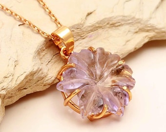 Gorgeous Ametrine Flower Pendant, Natural Ametrine Gemstone Necklace For Her, 19 mm Flower, Birthday Gift For Women, Carved Flower Jewelry