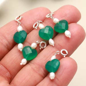 Natural Green Onyx Charms, Pearl Handmade Charm for Jewelry, Green Onyx Heart Silver Charms, Gemstone Beads, Craft Making, 10 MM Heart Charm